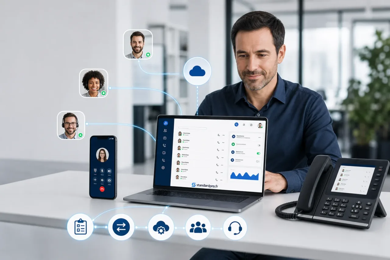 Standard téléphonique clé en main StandardPro — un professionnel gère les appels sur ordinateur, mobile et poste IP, en cloud