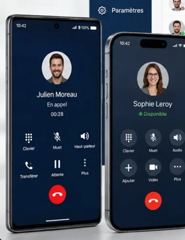 Application mobile StandardPro sur deux smartphones : appel en cours et présence des collaborateurs