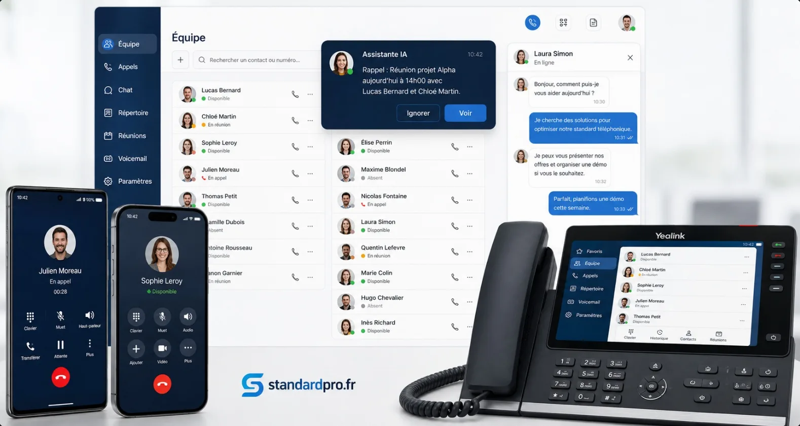 Standard téléphonique professionnel StandardPro — application, mobiles et poste IP avec assistant IA